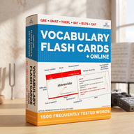 A boxed set of Vocabulary Flash Cards + Online study material standing on a wooden surface, with a blurred desk scene in the background. The package is predominantly blue, white, and orange, with printed text and a sample flash card design visible on the front.