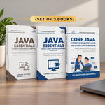 Three Java interview preparation books standing upright on a wooden surface, with a laptop edge visible at right and a plant at left.