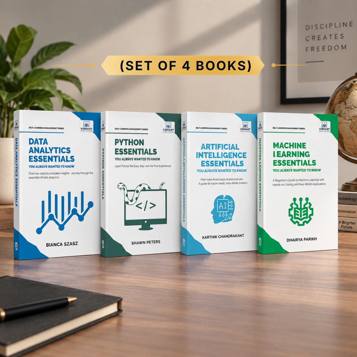 Four book covers displayed on a wooden table in a styled indoor setting, with a yellow banner reading '(SET OF 4 BOOKS)'. The books are Data Analytics Essentials by Bianca Szasz, Python Essentials by Shwink Peters, Artificial Intelligence Essentials by Kaushik Chandrajati, and Machine Learning Essentials by Dhairya Parikh.