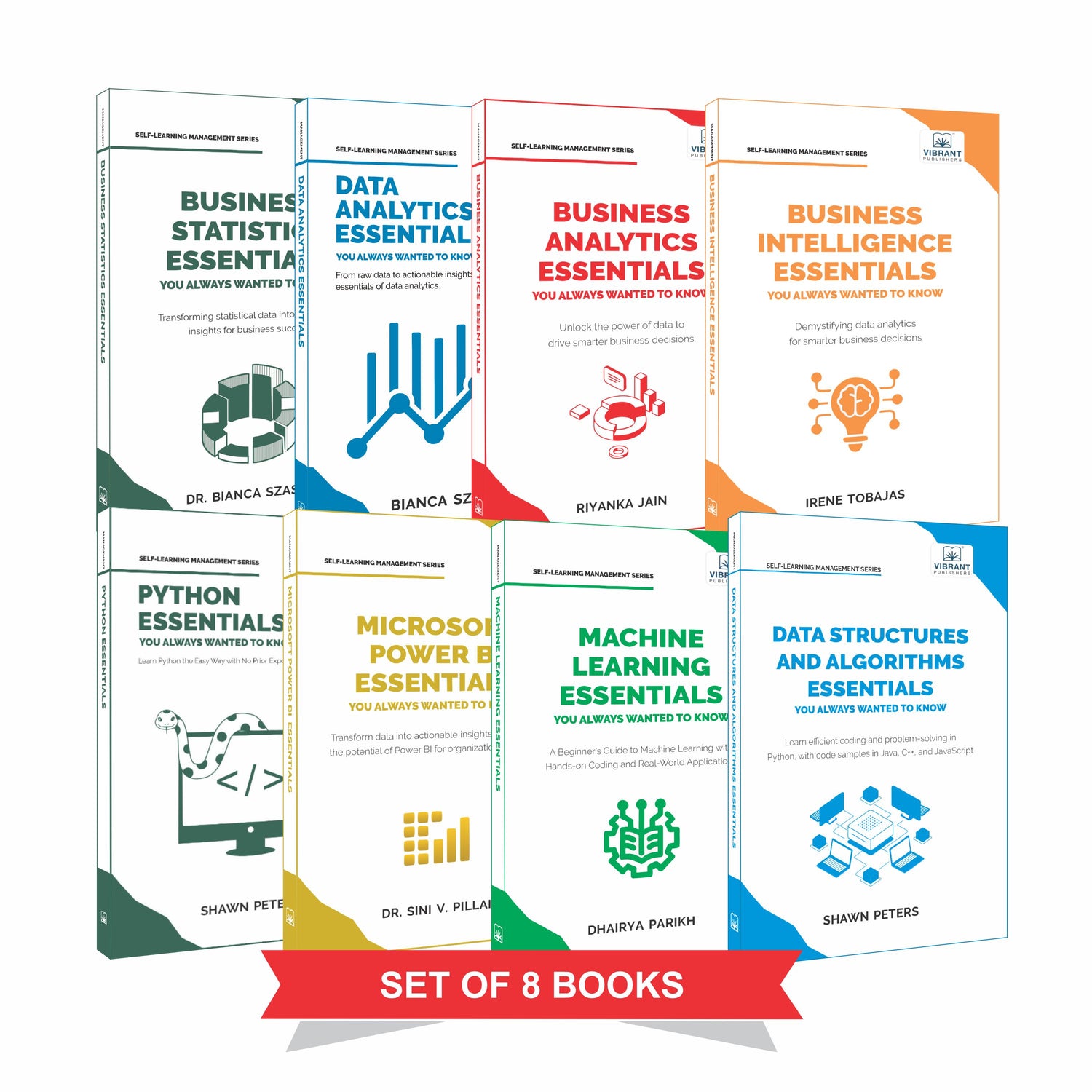 Set of 8 books on business analytics and technology topics with colorful covers.