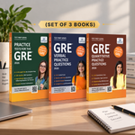 Three GRE test prep books  displayed on a desk in a modern office setting.