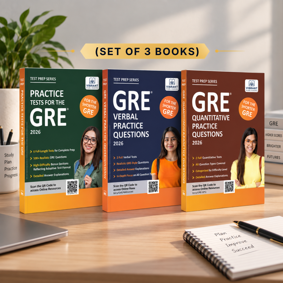 Three GRE test prep books  displayed on a desk in a modern office setting.