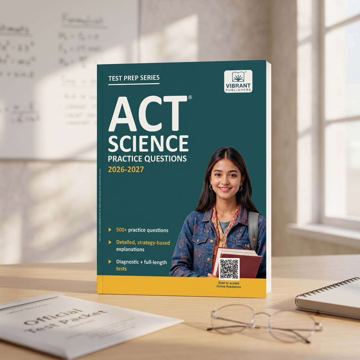 A paperback book titled "ACT Science Practice Questions 2026-2027" stands open on a wooden desk in a bright room.