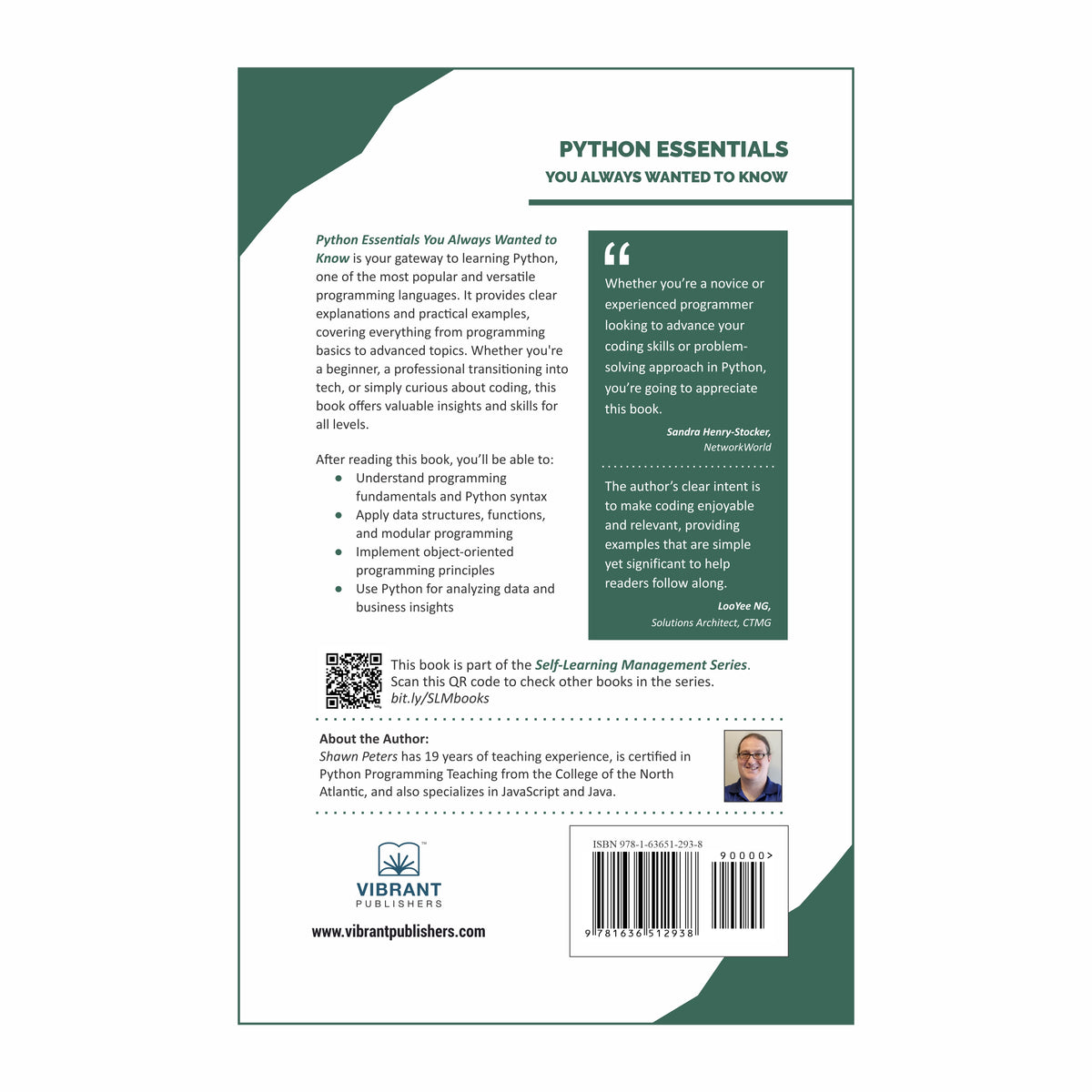 Back cover of Python Essentials book displaying Python programming overview, skills list, author details, and QR code.