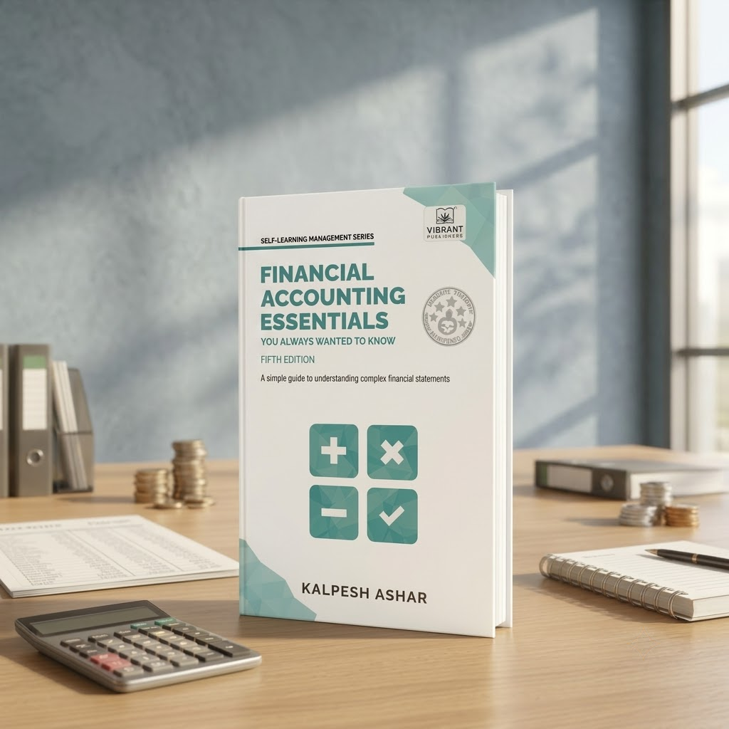 A paperback book titled 'Financial Accounting Essentials' by Kalpesh Ashar stands open on a wooden desk, surrounded by office props like a calculator, binder, coins, and notebook. 