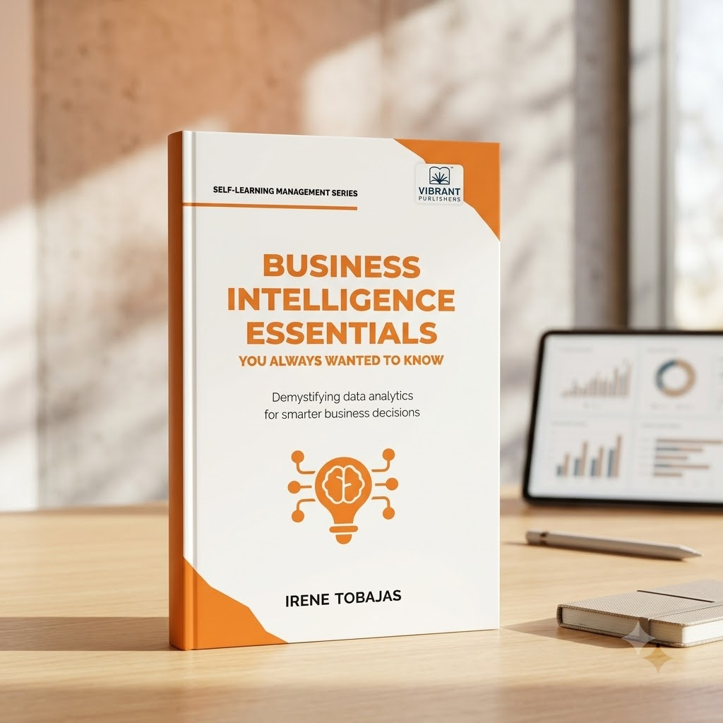 A paperback book titled 'Business Intelligence Essentials' by Irene Tobajas stands open on a wooden desk.