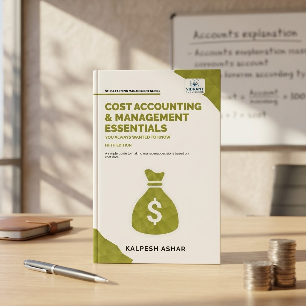 A paperback book titled 'Cost Accounting & Management Essentials' by Kalpesh Ashar, standing upright on a wooden desk with a pen and coins nearby. 