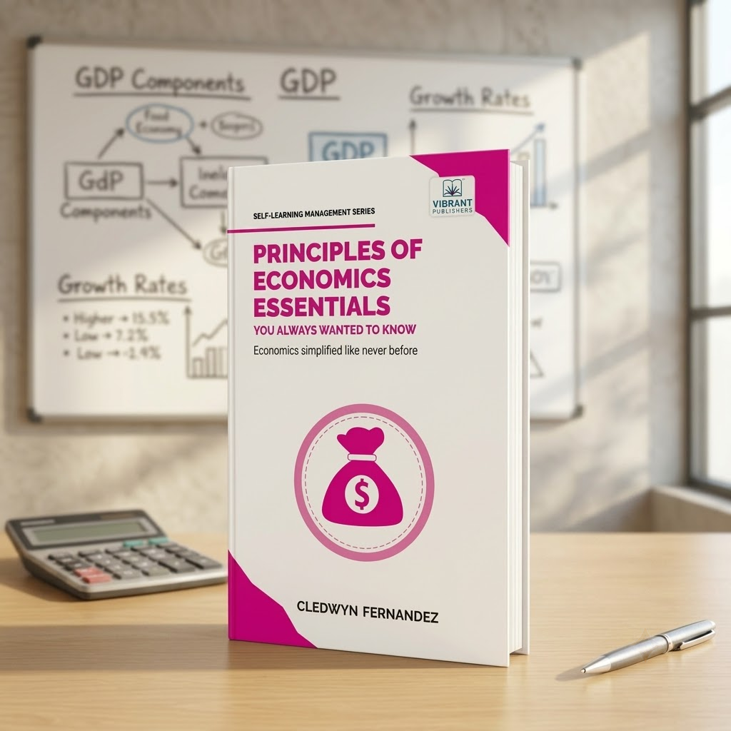 A hardcover book titled 'Principles of Economics Essentials' by Cledwyn Fernandez stands open on a wooden desk. The book cover is white with magenta accents and a money bag icon.