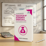 A hardcover book titled 'Principles of Economics Essentials' by Cledwyn Fernandez stands open on a wooden desk. The book cover is white with magenta accents and a money bag icon.