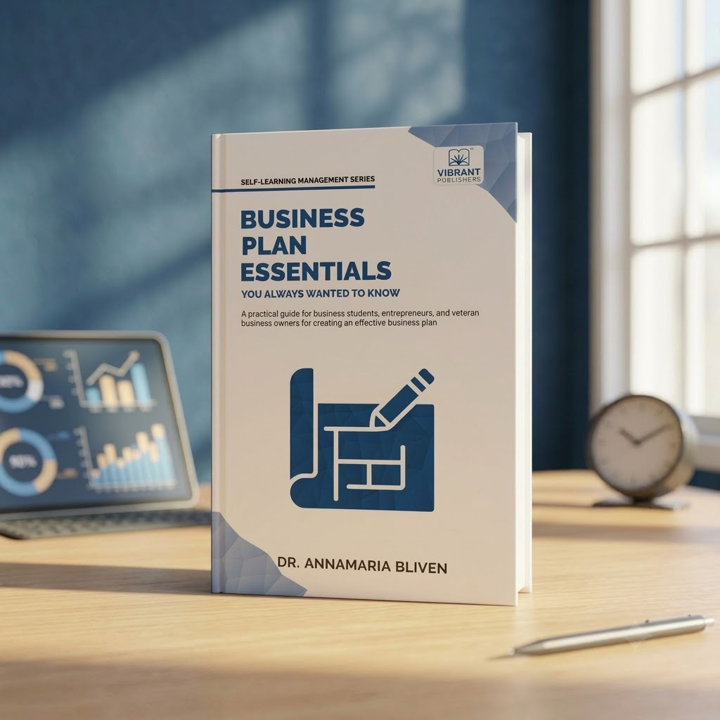 A book titled "Business Plan Essentials" by Dr. Annamaria Bliven stands upright on a wooden desk.