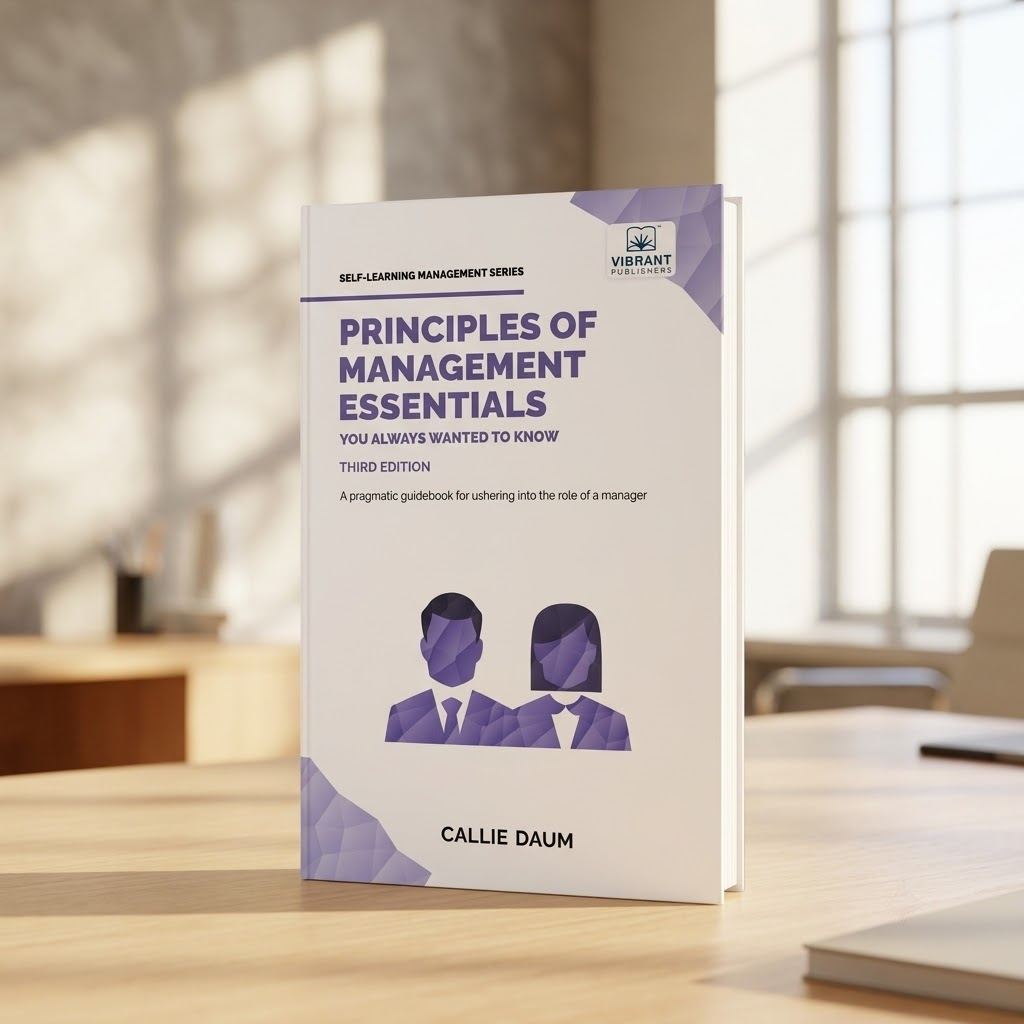 A hardcover book titled "Principles of Management Essentials" by Callie Daum.