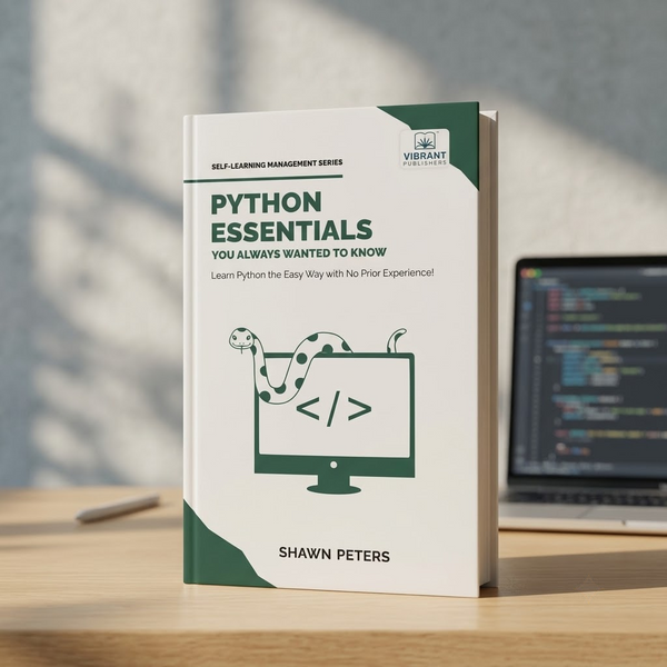 A paperback book titled 'Python Essentials' by Shawn Peters stands upright on a wooden desk.
